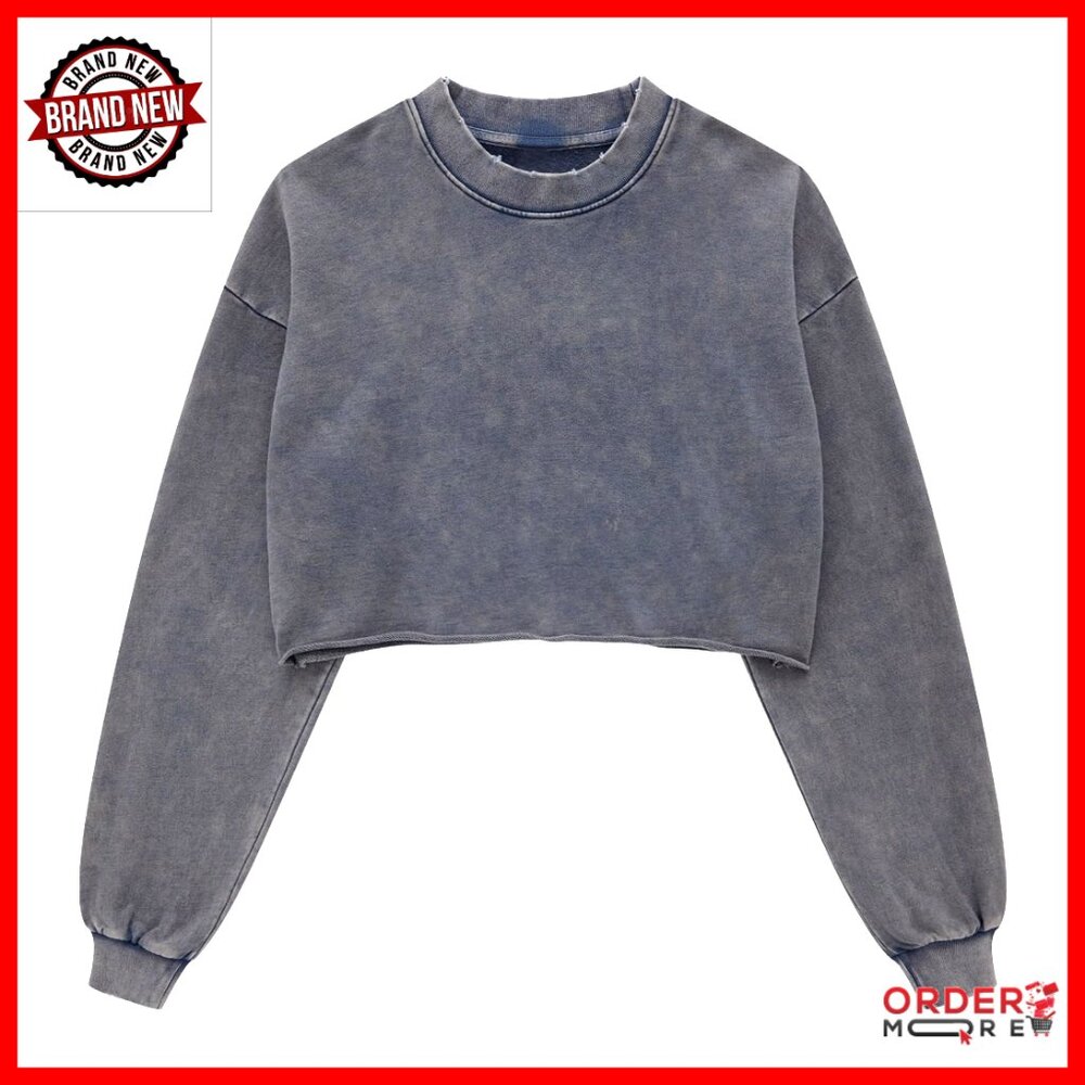 Vintage Cropped Pullover Sweatshirt Long Sleeve Acid Wash Hoodie - Picture 1 of 7